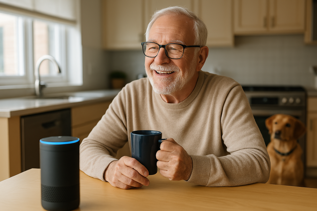 Smart home for seniors featuring an elderly man chatting with a voice assistant while enjoying coffee in his kitchen, with a dog nearby.