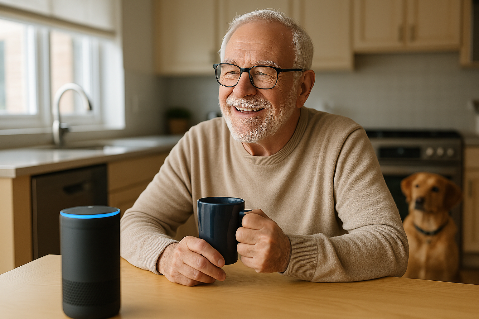 Smart home for seniors featuring an elderly man chatting with a voice assistant while enjoying coffee in his kitchen, with a dog nearby.