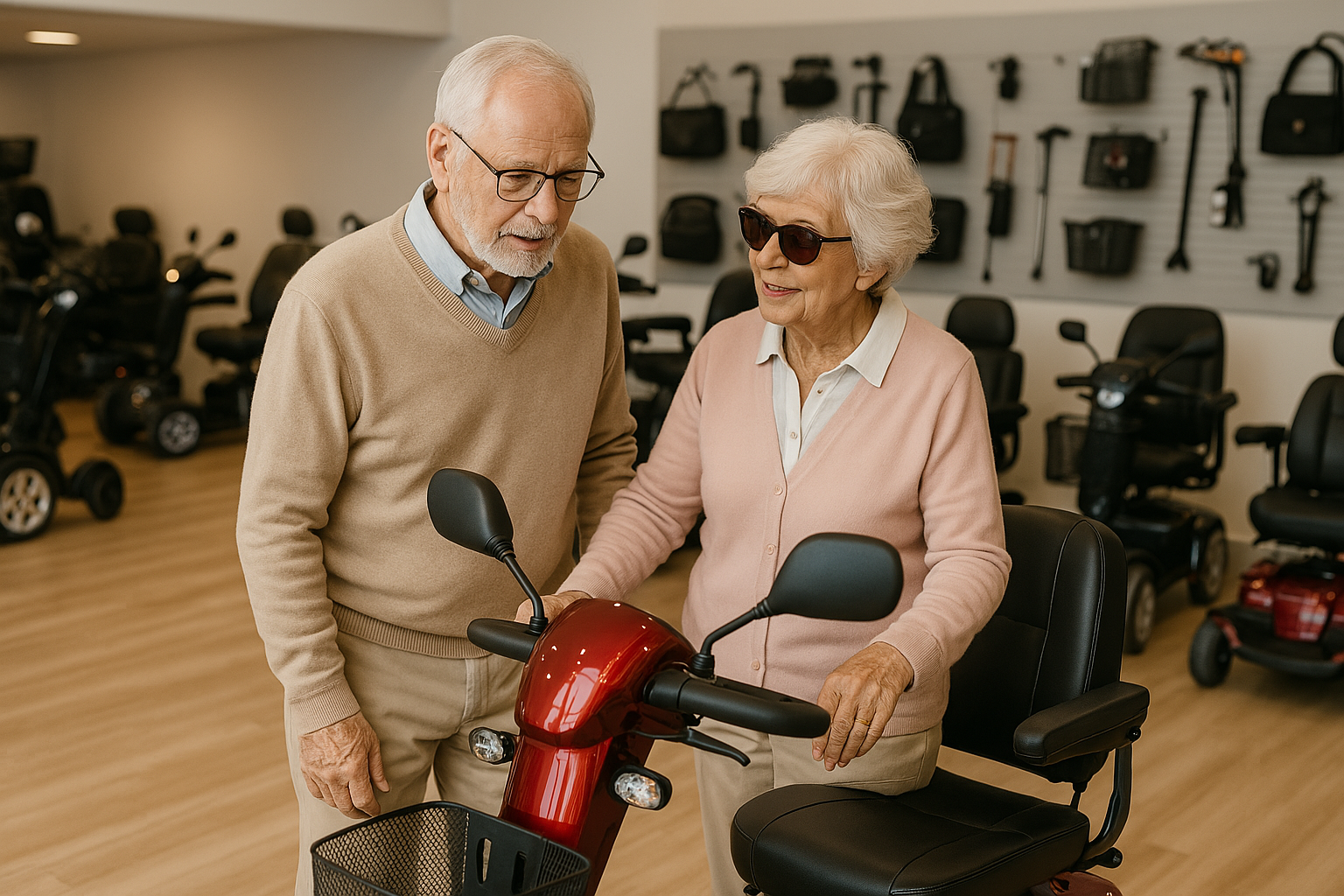 Mobility scooter showroom visit with an elderly couple examining different models and accessories on display.
