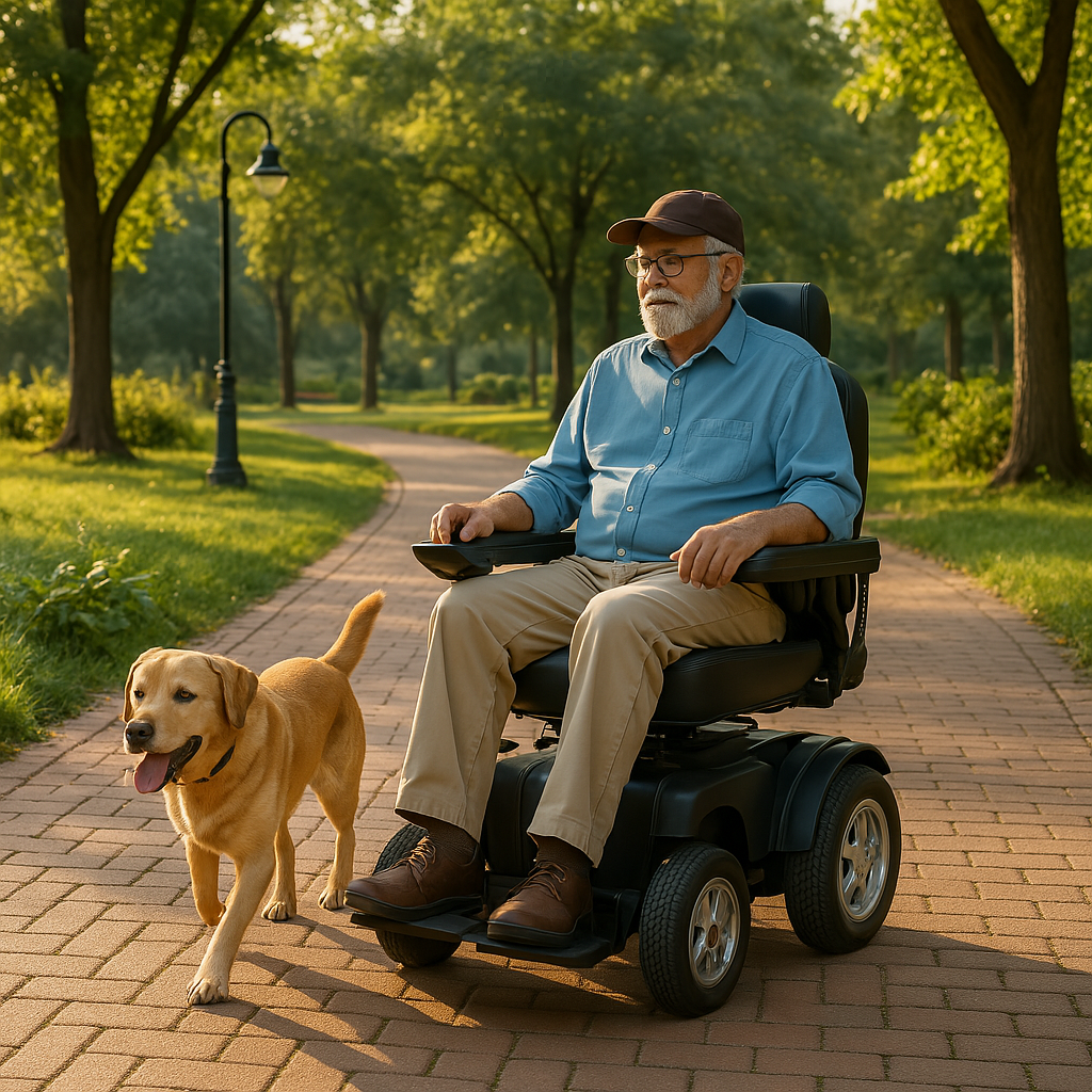 Electric power wheelchair used by elderly man riding along park path with dog companion