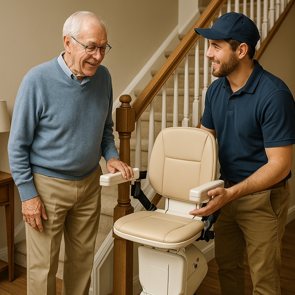 Staircase lift installation discussion between contractor and senior homeowner at the base of a staircase