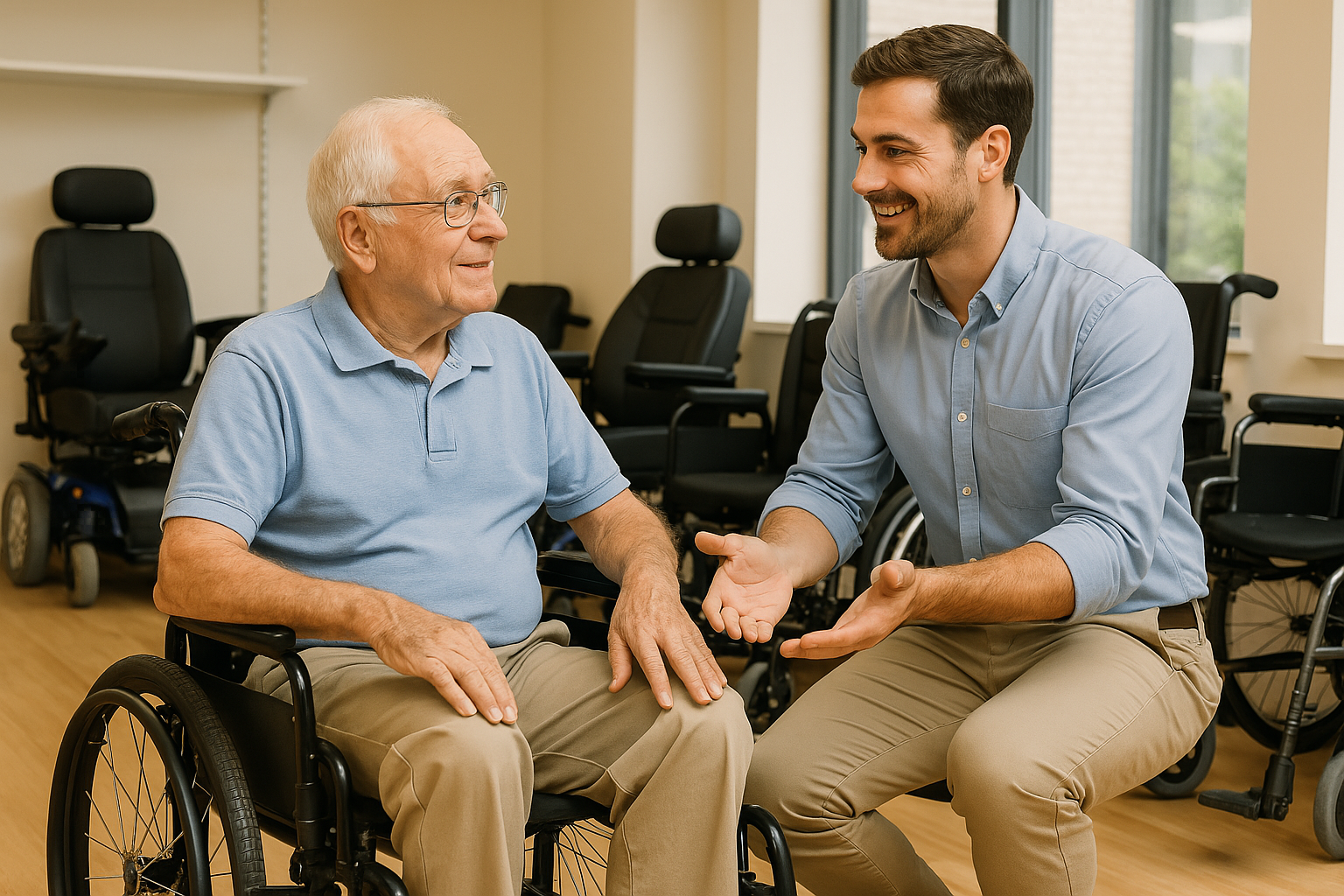 Manual wheelchair vs electric wheelchair comparison in a mobility showroom, elderly man discussing options with a salesperson