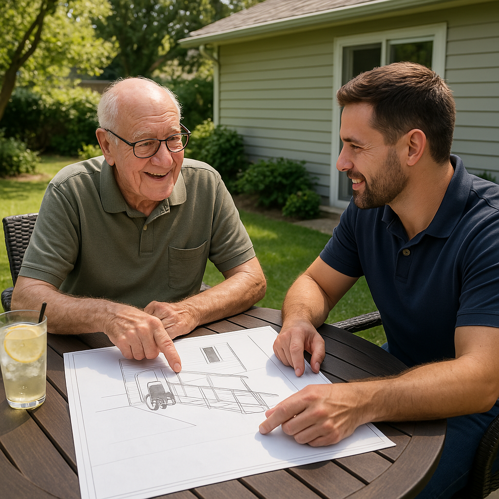 Wheelchair ramp plan meeting between elderly homeowner and contractor in a sunny backyard.