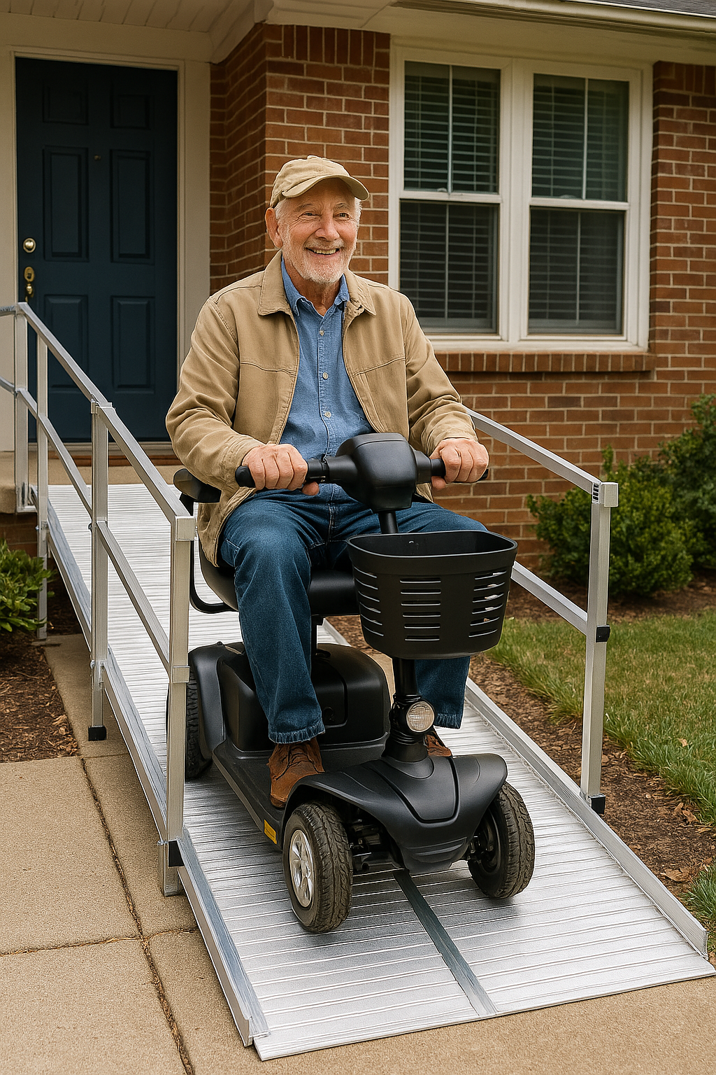 A ramp for scooters provides safe access as an elderly man rides down a front porch ramp on his mobility scooter toward a walkway.