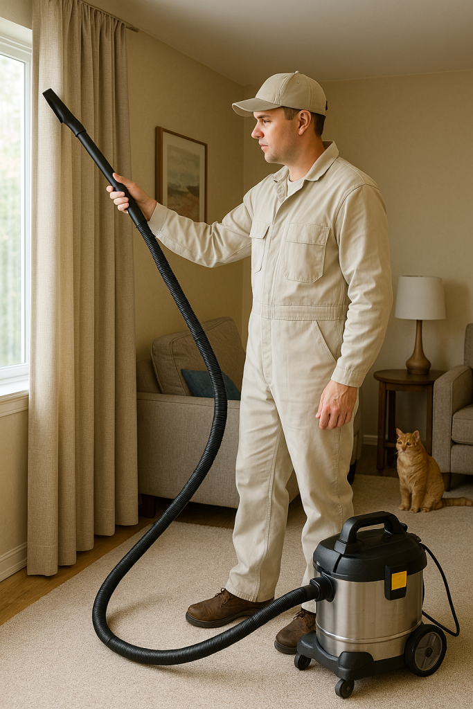 Dust proof curtains being vacuumed by a professional cleaner in a cozy living room with a cat watching nearby