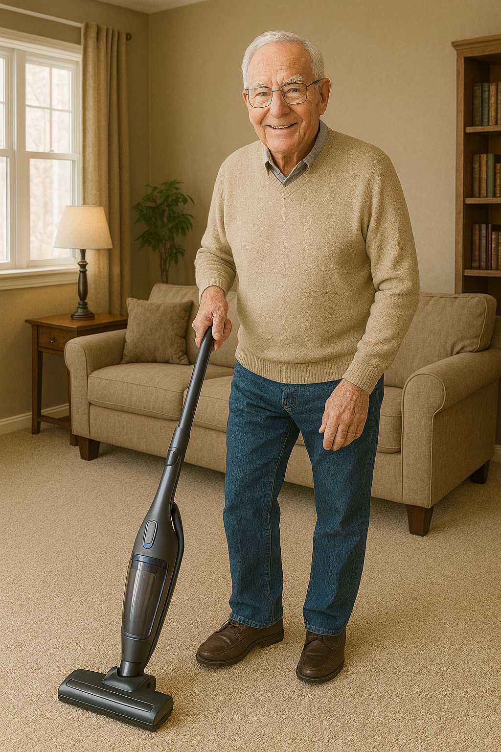 Elderly man using a cordless upright vacuum cleaner in a cozy living room