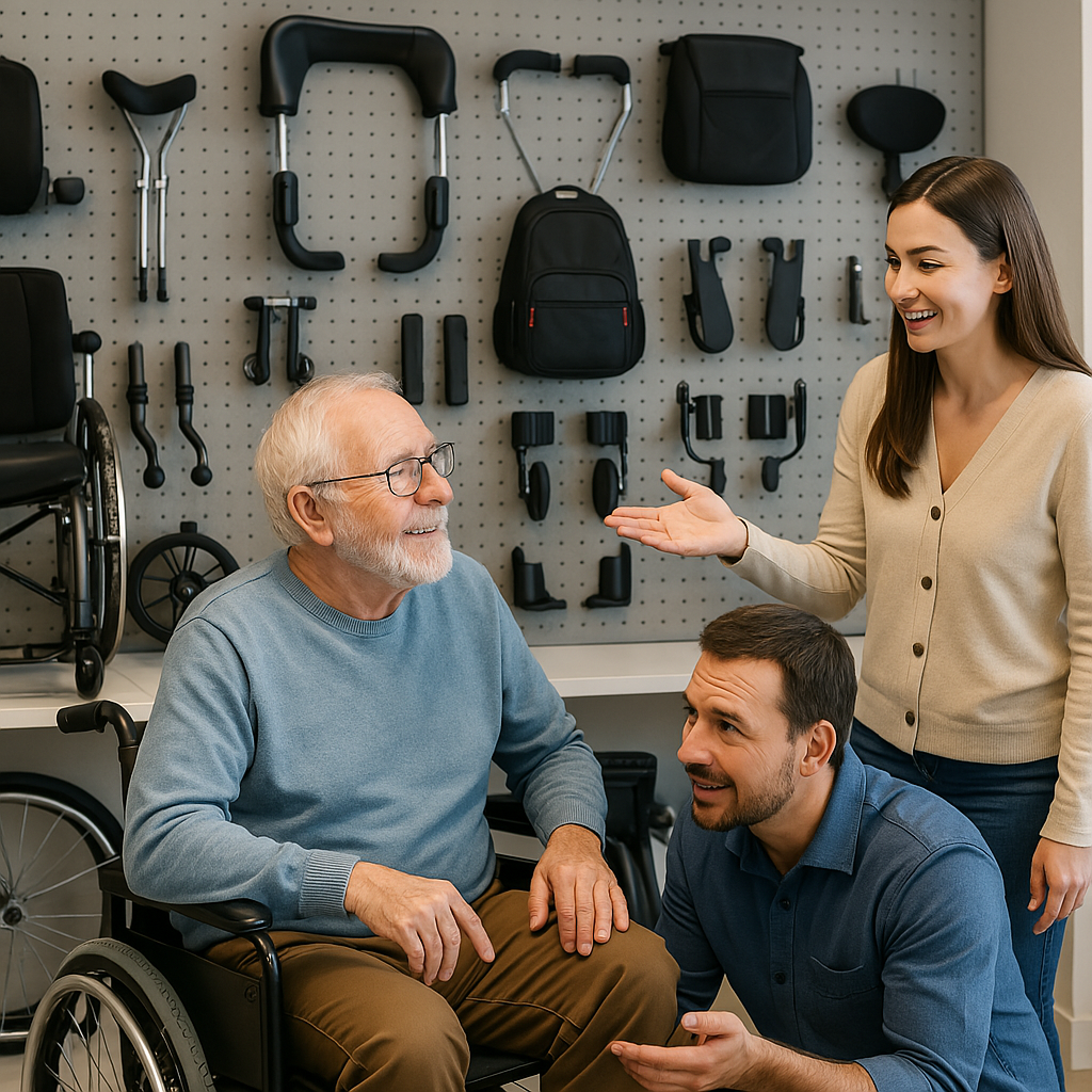 Wheelchair accessories discussion between elderly man and young salesperson in a showroom setting