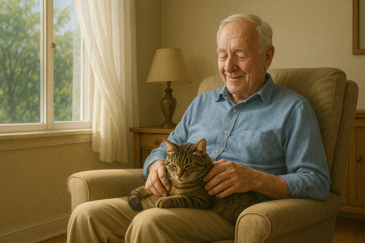 Breathe clean air in comfort—elderly man relaxing at home with cat, window open to let in fresh breeze.