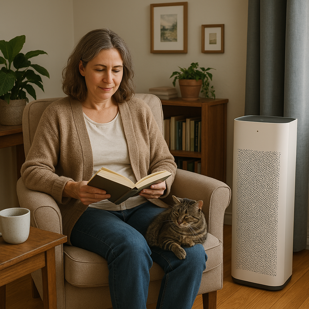 How to allergy proof your home with a floor air purifier beside woman reading with cat in cozy living room
