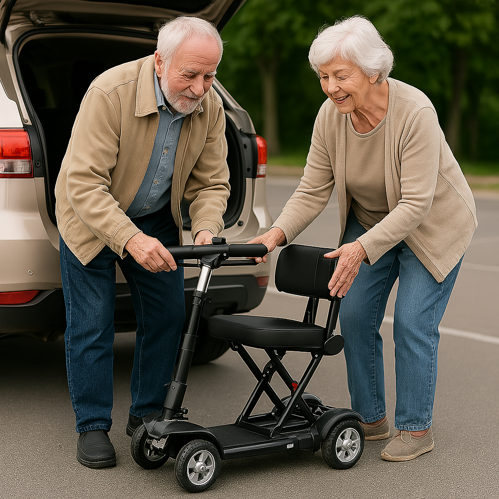 Foldable mobility scooter being unfolded by an elderly couple beside their SUV in a parking lot