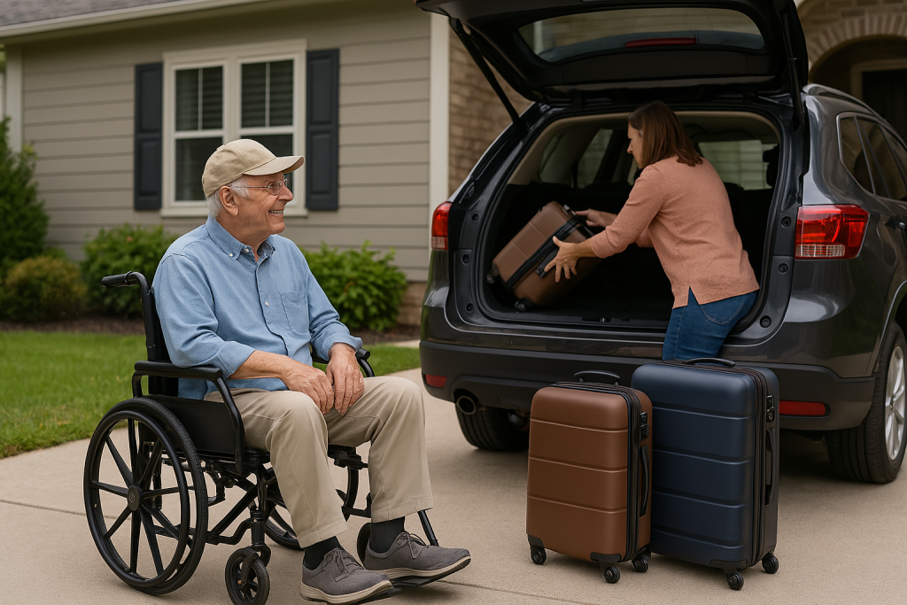 Travel wheelchair in use as elderly man watches his daughter load luggage into an SUV for a family trip