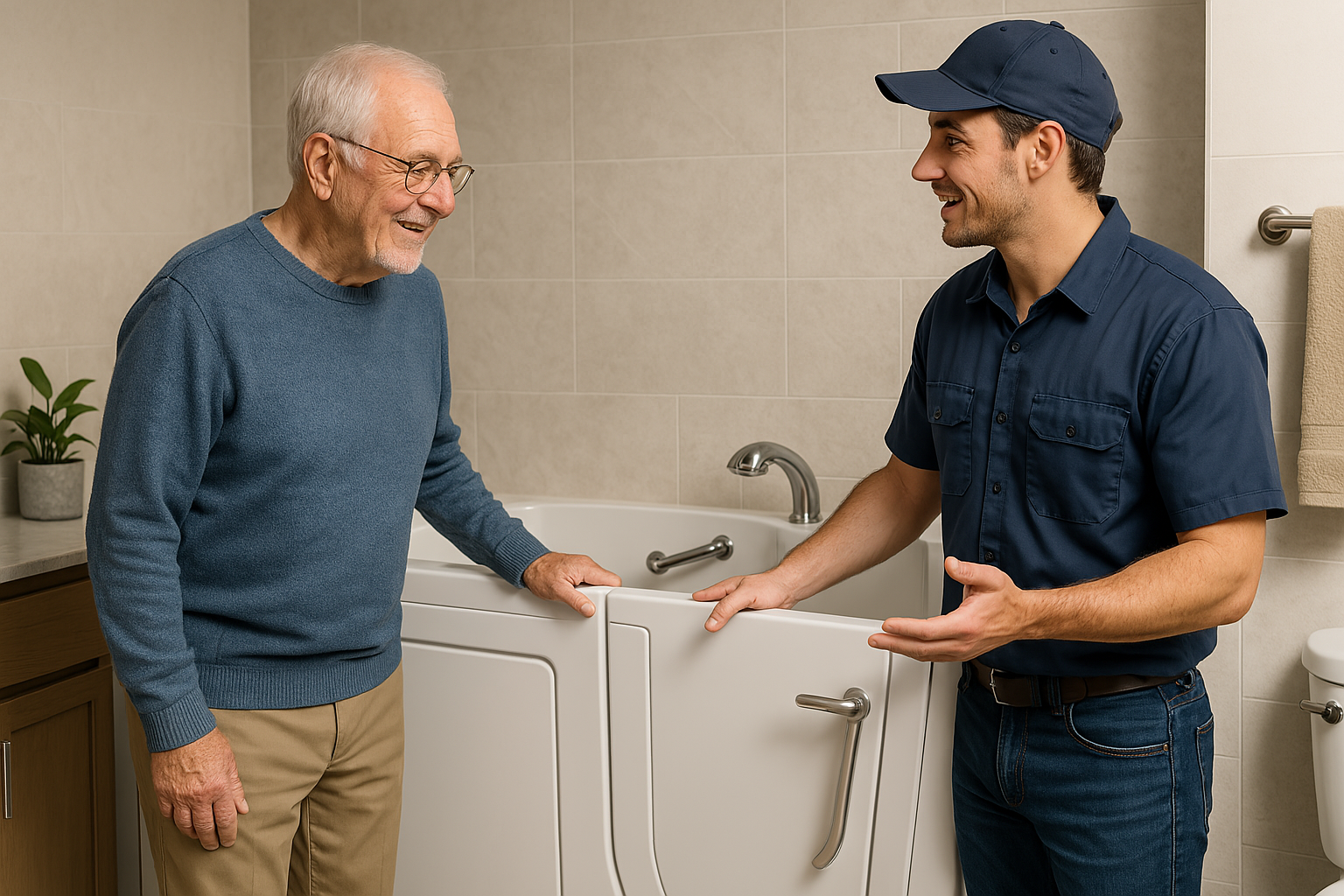 Walk in tub installation discussion between contractor and senior homeowner in a spacious bathroom