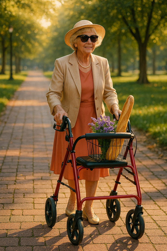 Rollator walker used by a well-dressed senior woman walking on a brick path in a sunny park with groceries and flowers in the basket.