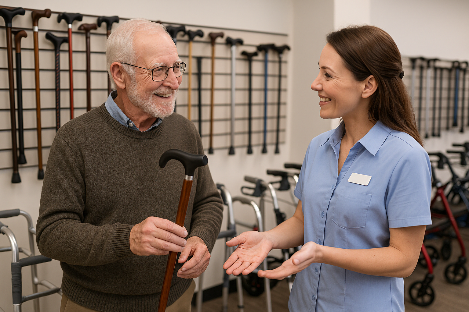 Walking aids for seniors – An elderly man shops for a new cane while chatting with a friendly salesperson in a well-lit mobility aid showroom. Canes, walkers, rollators, and walking sticks are on display around them.