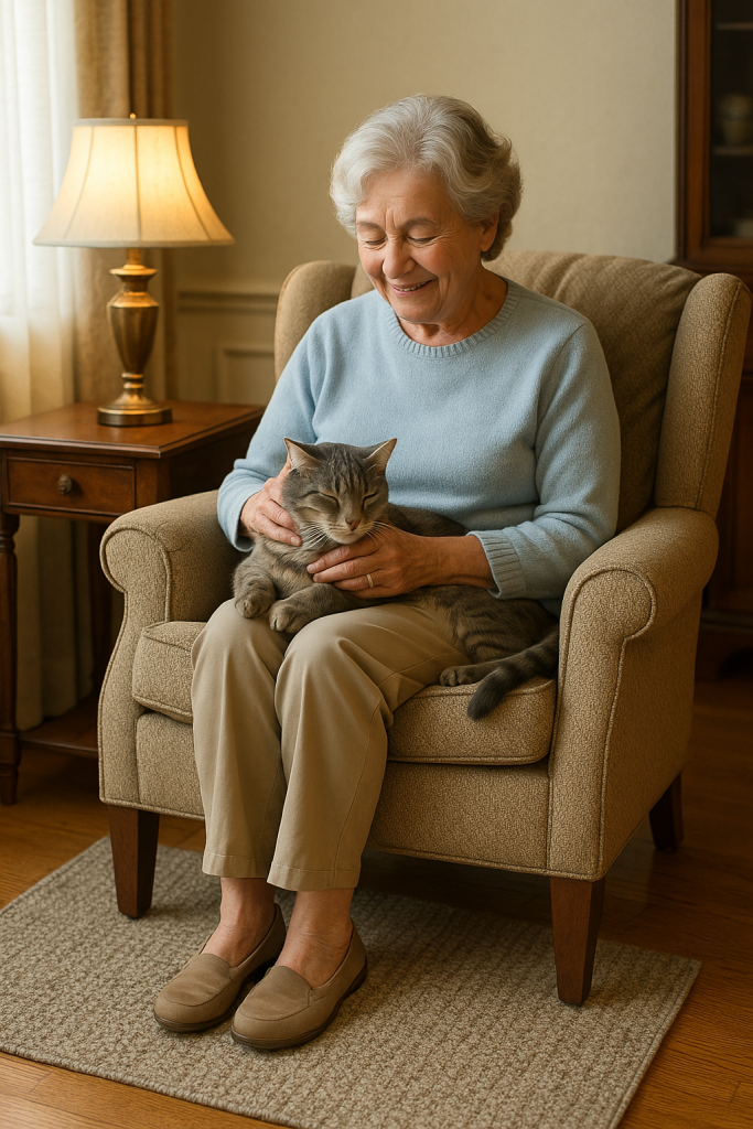 Best rugs for allergies – elderly woman enjoying time with her cat in a traditional living room with a short-pile rug.