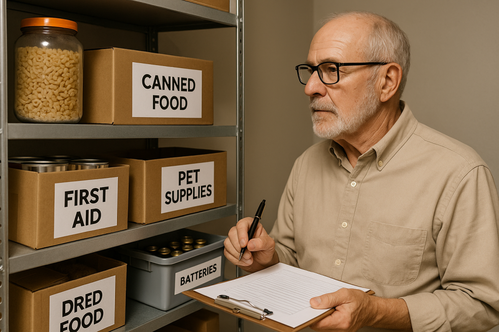 Emergency preparedness for seniors—elderly man organizing supplies in home storage room