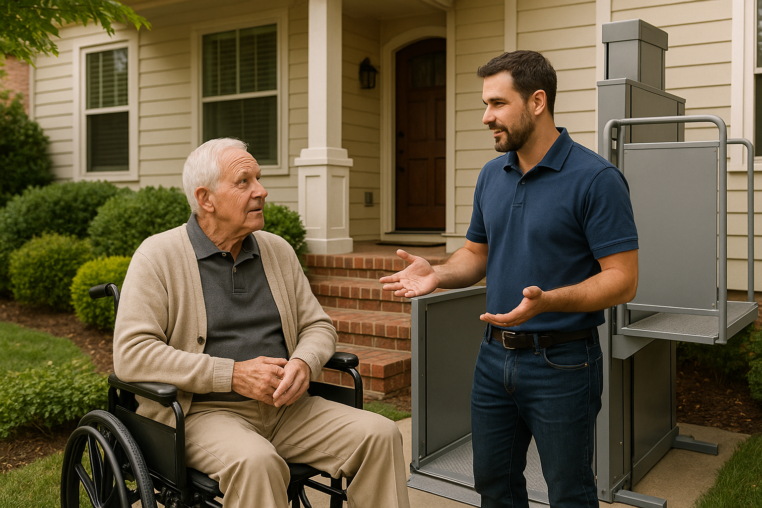 Wheelchair platform lifts installed on a residential front porch, with an elderly man in a wheelchair discussing lift concerns with a friendly service contractor in front of a comfortable, well-landscaped home.