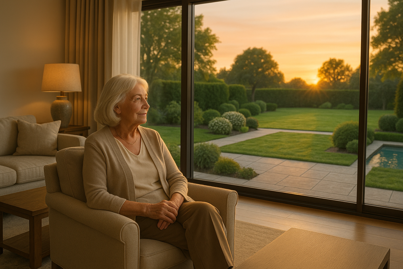 Age gracefully in comfort and elegance—an elderly woman relaxes in a spacious, sunlit living room, gazing peacefully at her beautifully landscaped backyard at sunset.