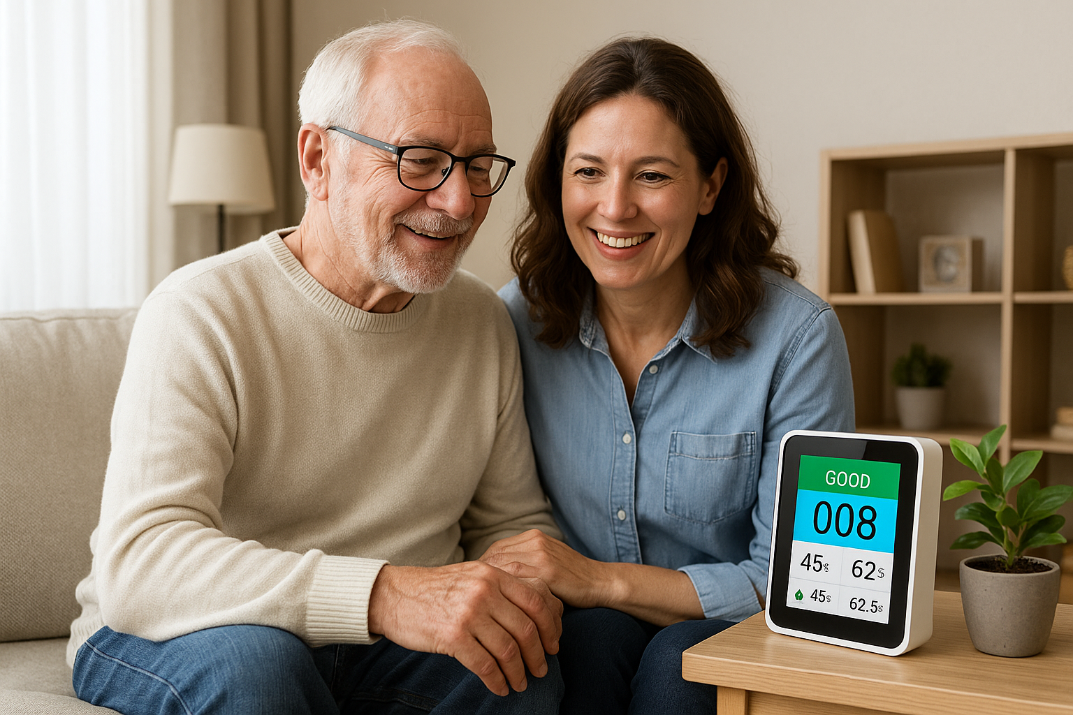 Household air quality testing results displayed on a digital monitor as an elderly man and his daughter smile in a cozy living room.