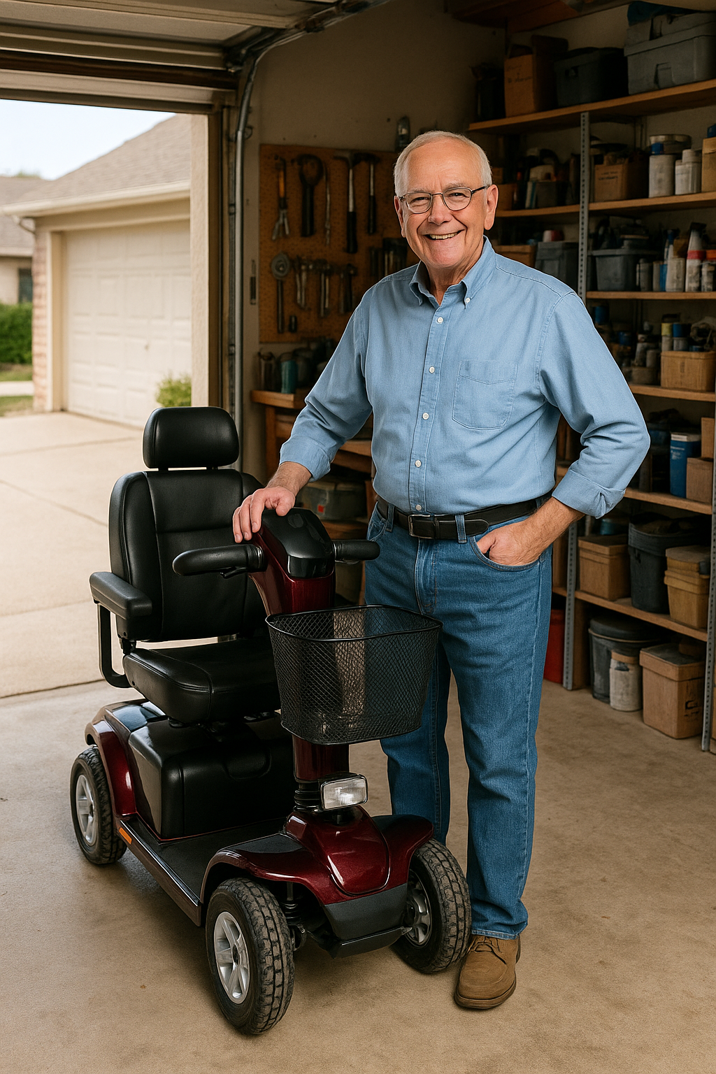 Powered mobility scooter proudly displayed by senior man in residential garage, symbolizing independence and aging in place.