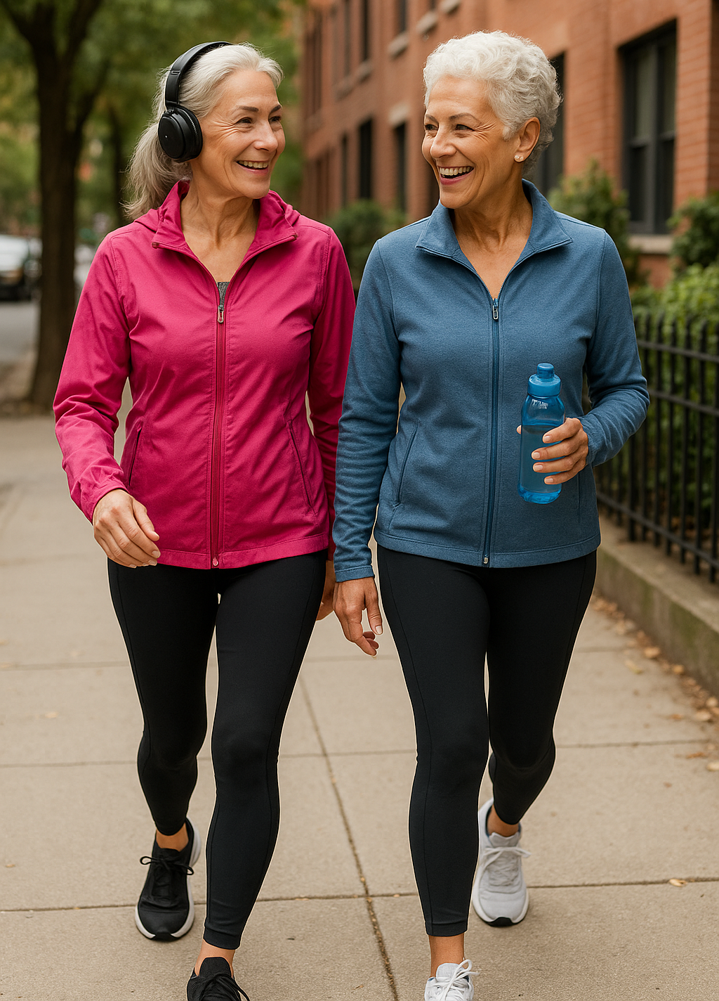 Brain boosting activity with two fit older women walking and chatting during their fitness routine in a city neighborhood.