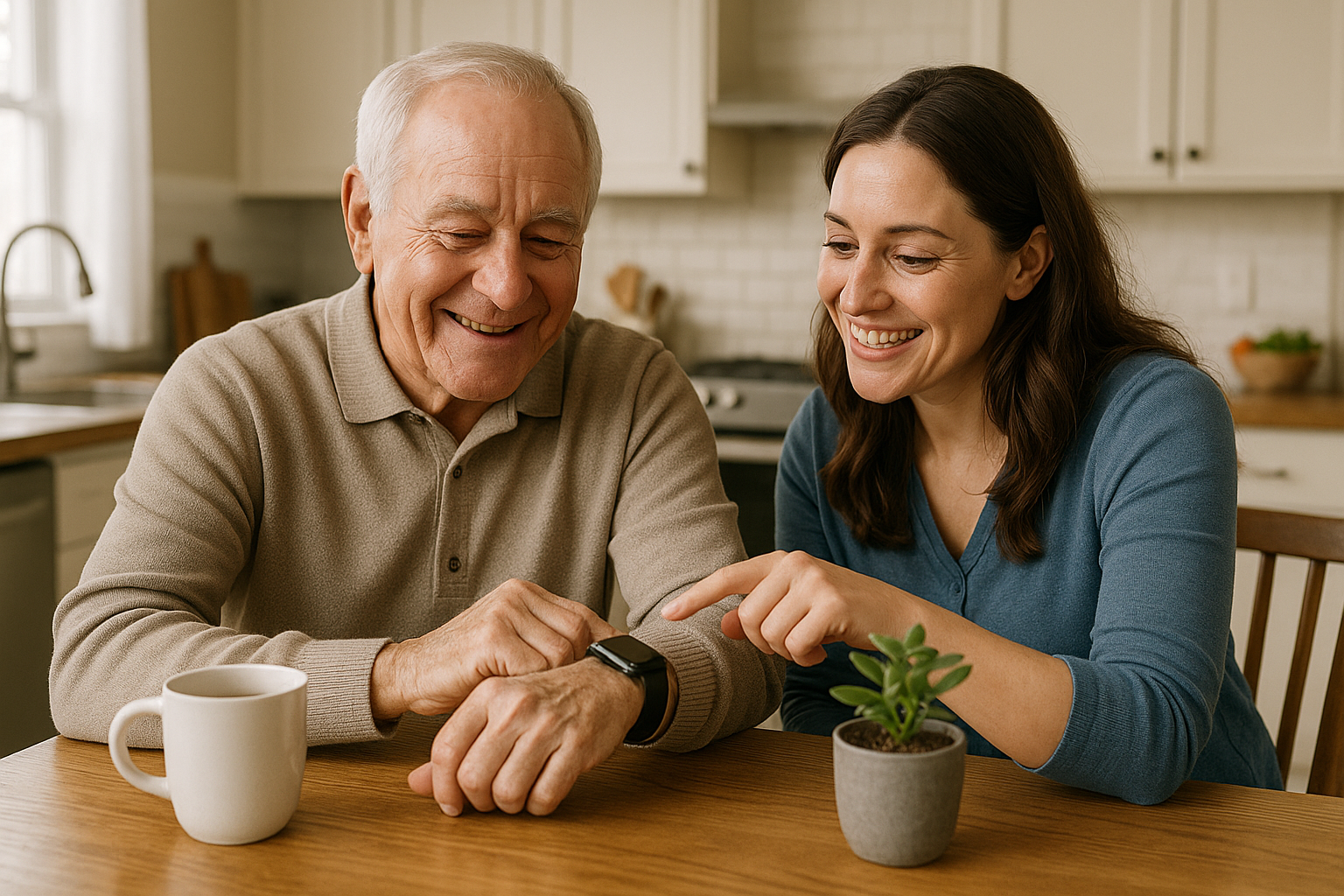Wearable tech for seniors being discussed by an elderly man and his adult daughter at a kitchen table, focusing on a smartwatch.