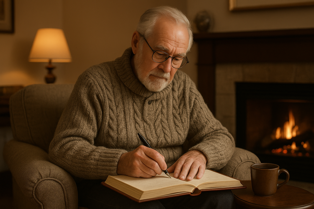 Writing a legacy as an elderly man sits in a cozy living room, journaling in a leather-bound notebook beside a warm fireplace and a mug of coffee.