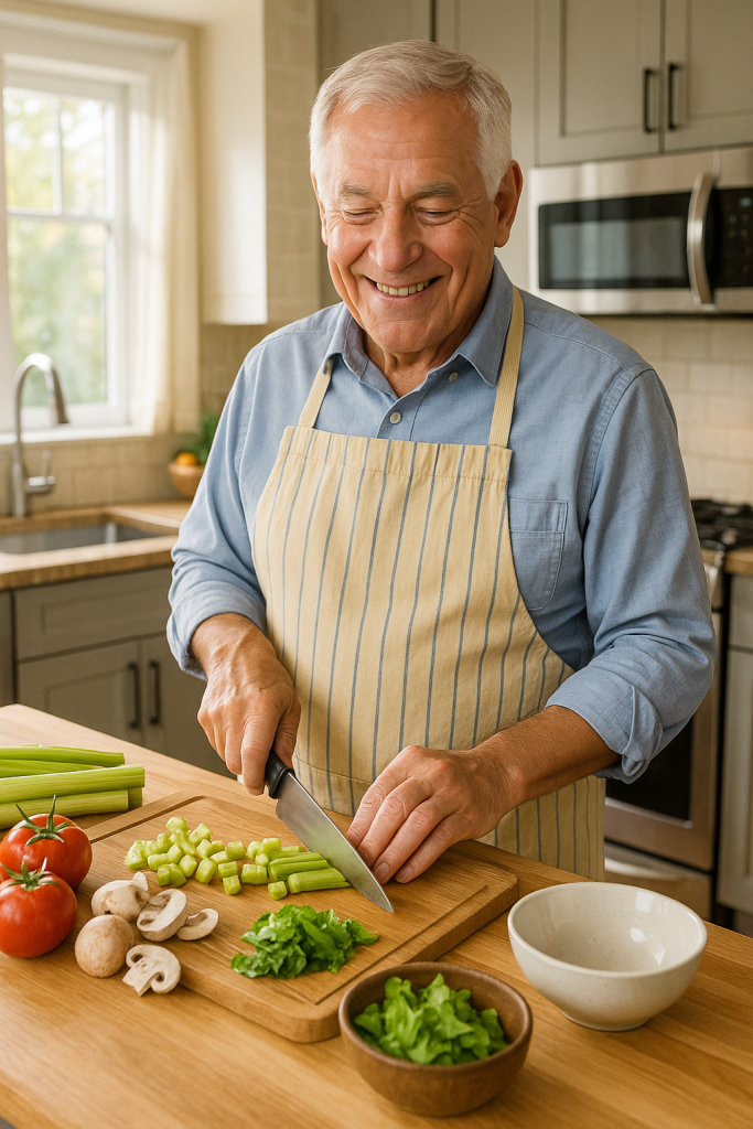 Healthy food for seniors shown through an older man preparing a fresh garden salad in a bright modern kitchen.