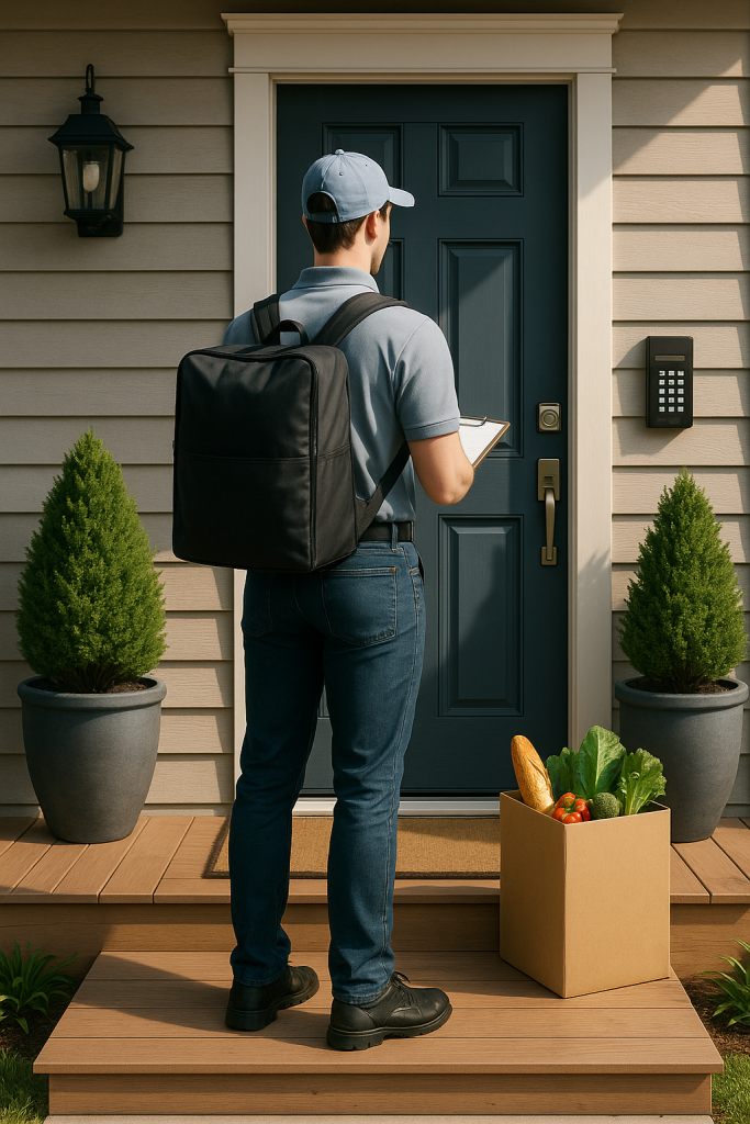 Food delivered to seniors shown through a delivery worker standing at the door of a suburban home with a grocery box full of fresh produce.