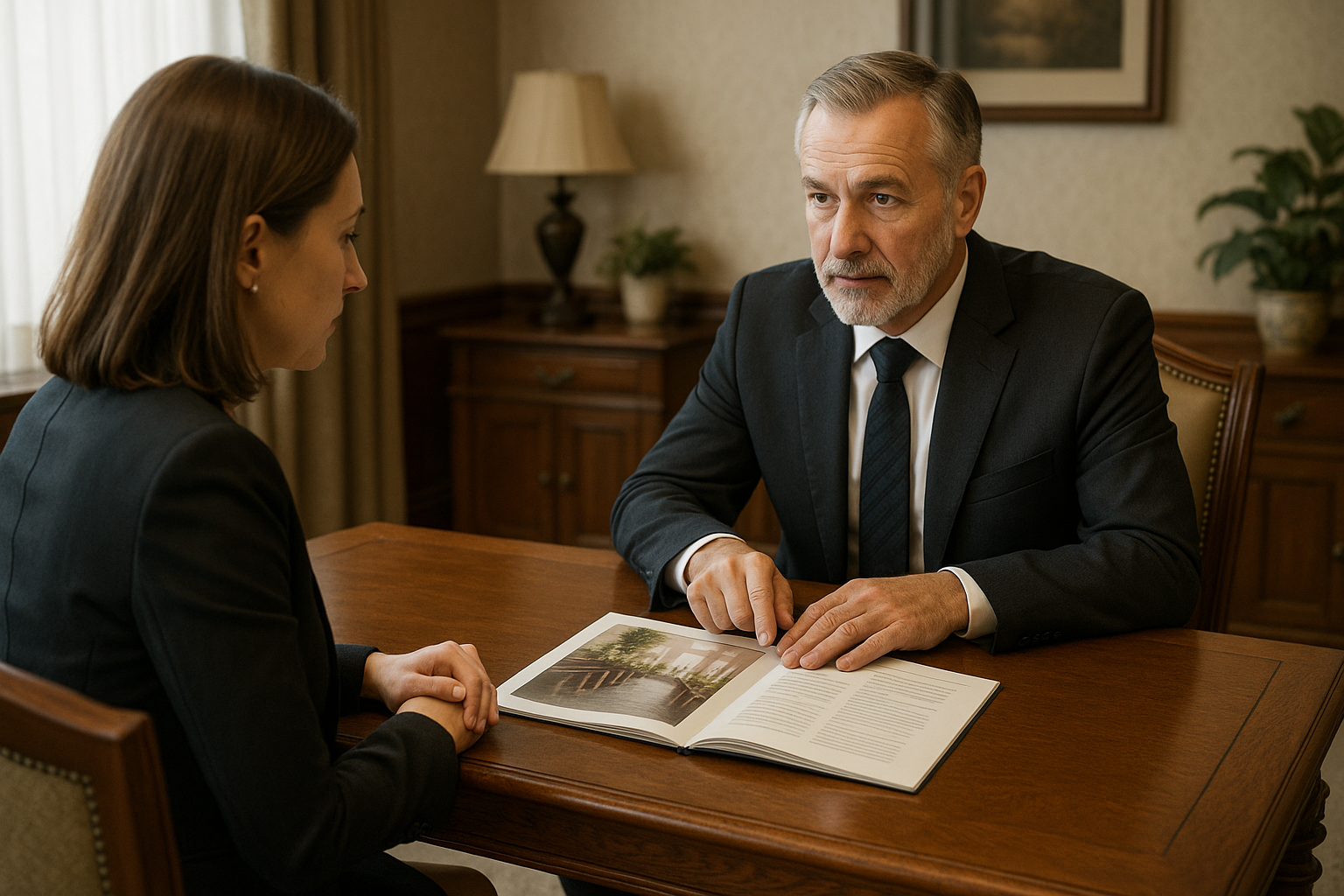Pre funeral plans meeting showing a woman discussing funeral arrangements with a director in a formal office