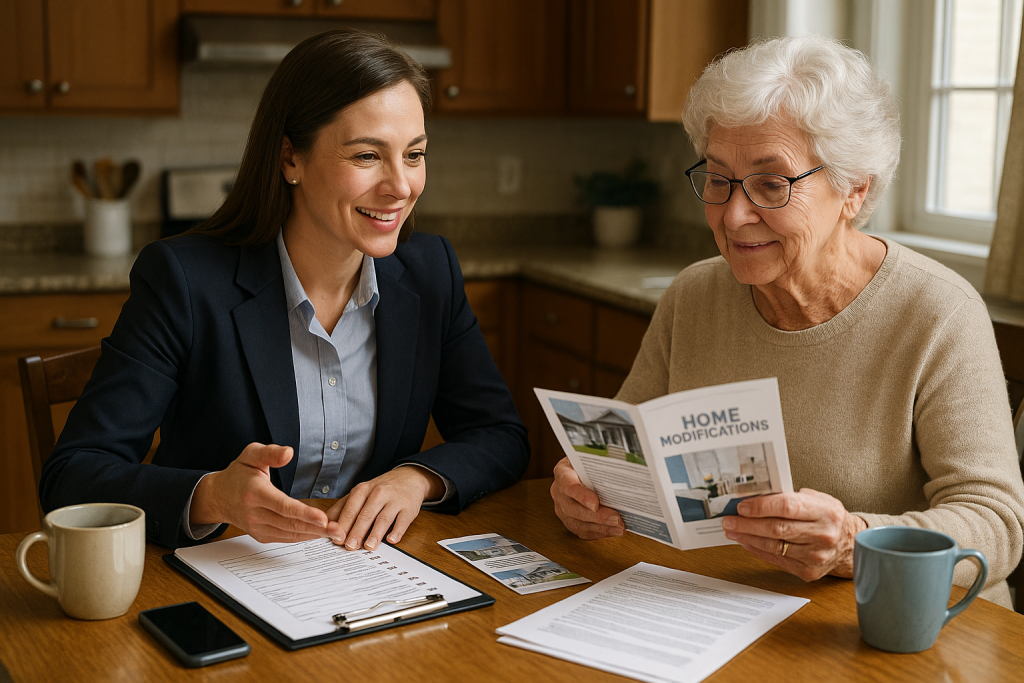 Aging in place specialist meeting with an older woman in her kitchen to discuss home modifications for safety and accessibility.