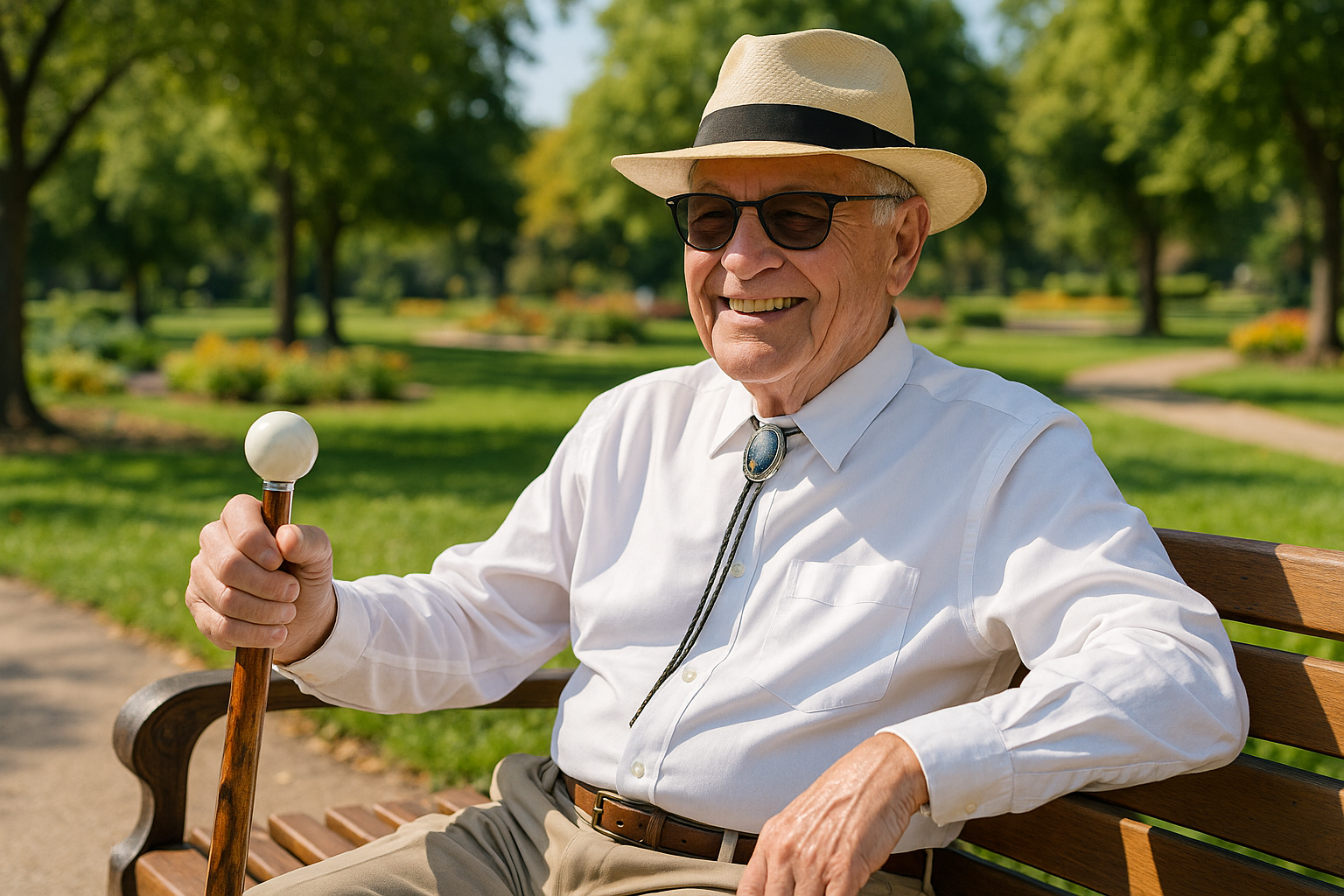 Walking stick prominently held by a stylish elderly man sitting on a park bench in the sun, surrounded by a beautifully landscaped garden.