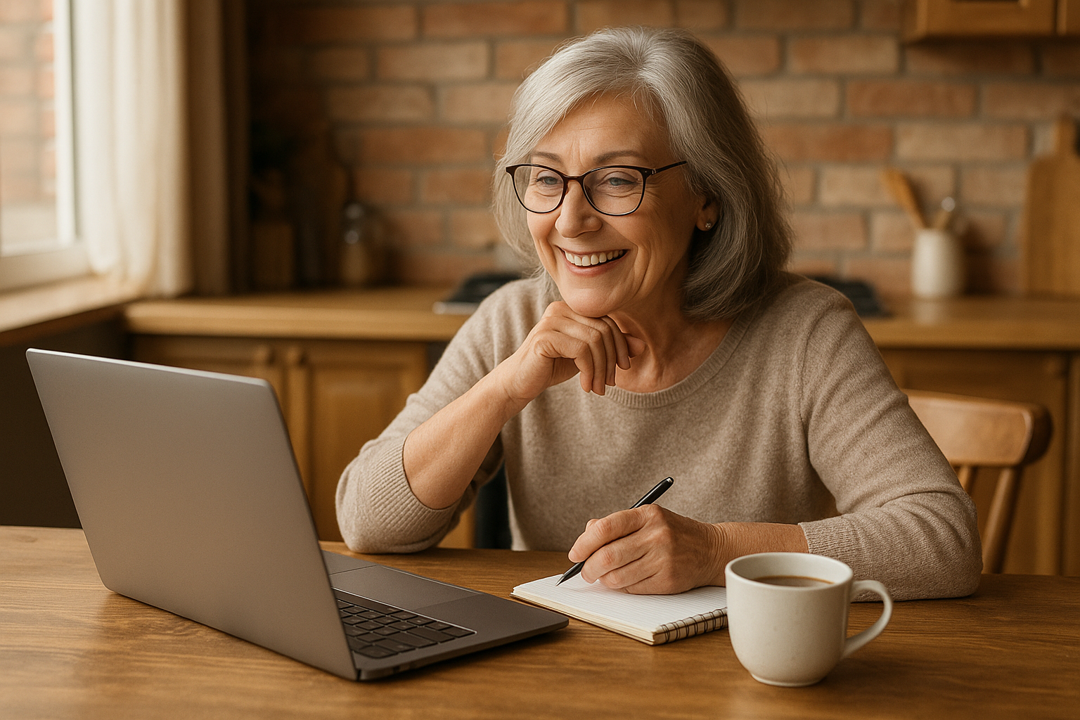 Virtual volunteering senior woman video chatting at kitchen table, taking notes during an online mentorship session.