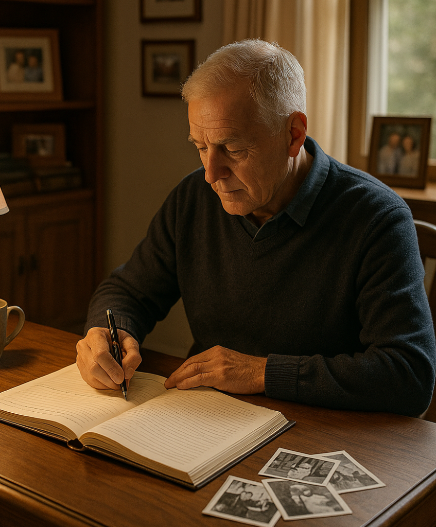 Draft a will at home showing an elderly man writing his will in a journal at a vintage desk