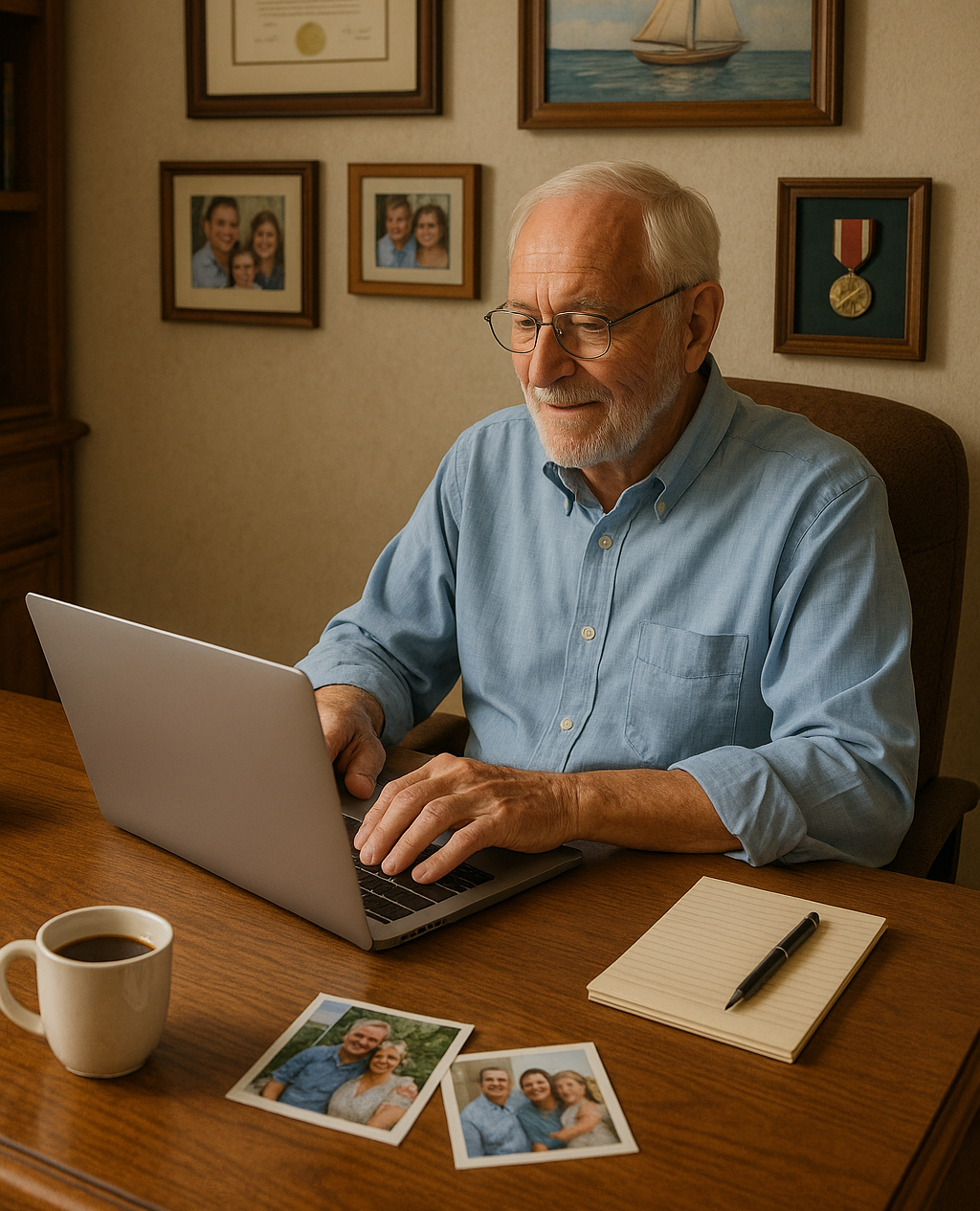 Senior blogging — An elderly man sits at a desk in his home office, typing on a laptop surrounded by family photos, a coffee cup, a notepad, and wall decor that includes a diploma, a sailboat painting, and a framed military medal.