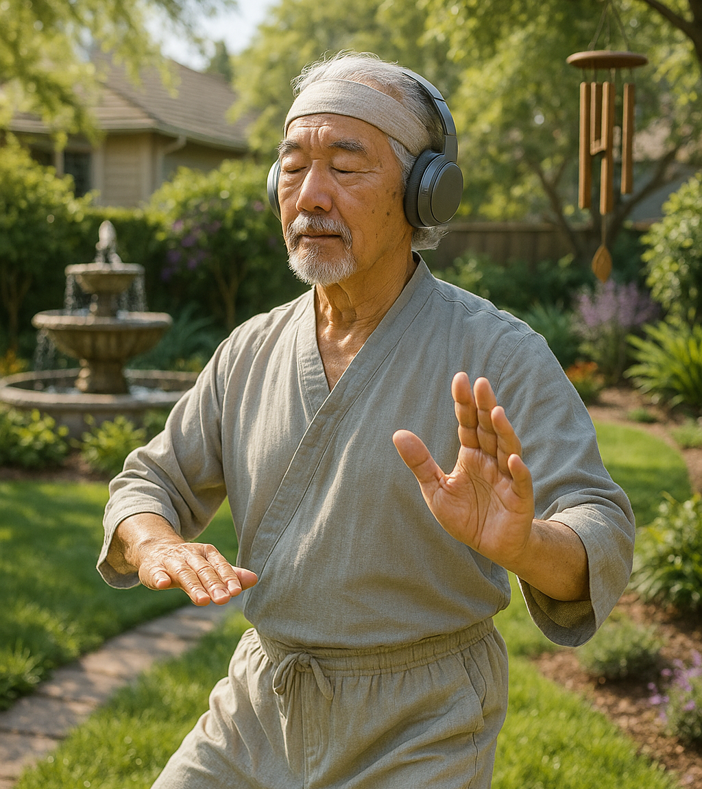 Brain-fit routine for seniors: An elderly man practices Tai Chi in a peaceful backyard, surrounded by greenery, a fountain, and a bamboo wind chime.