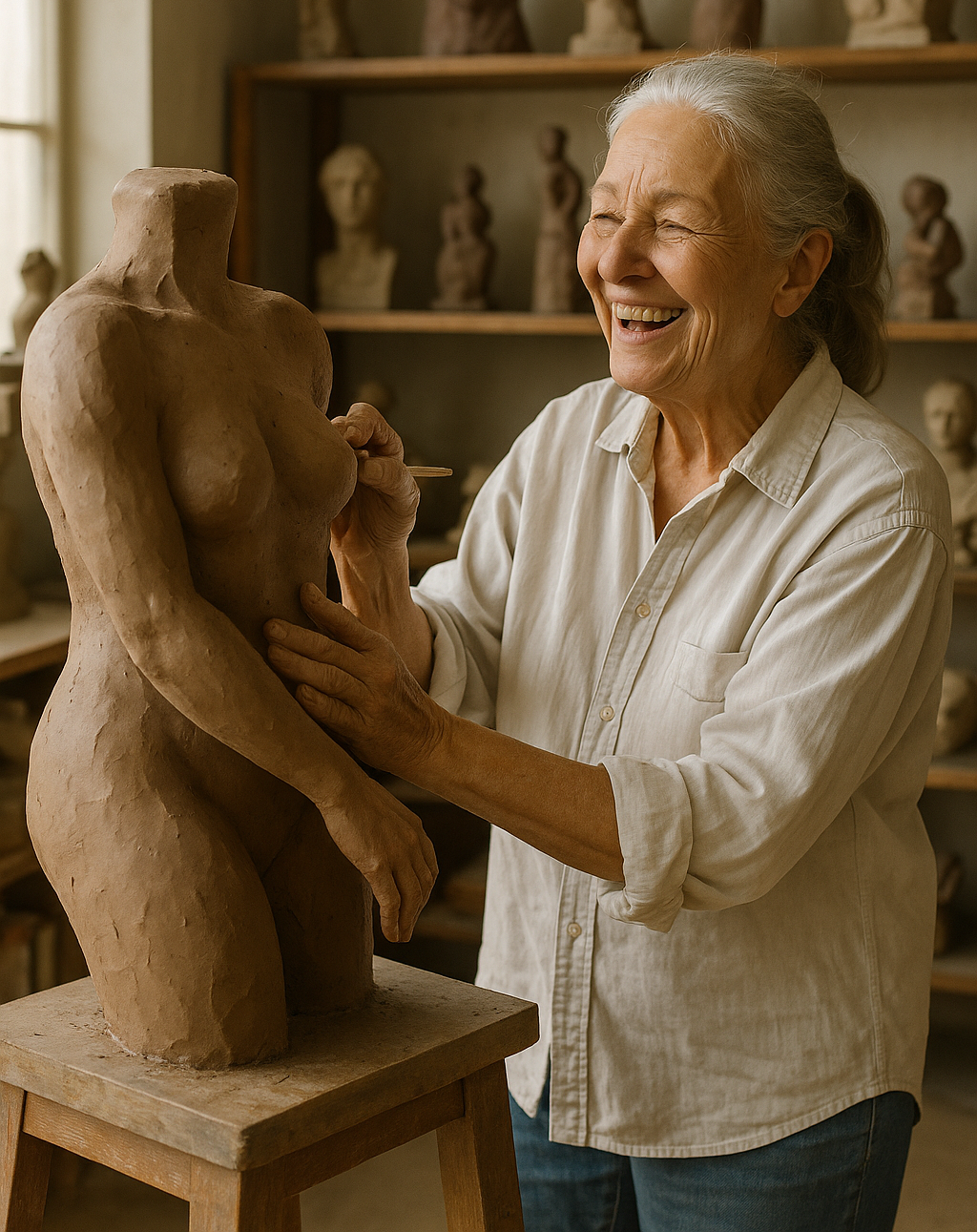 Passion project sculptor working in home studio, elderly woman shaping a clay torso