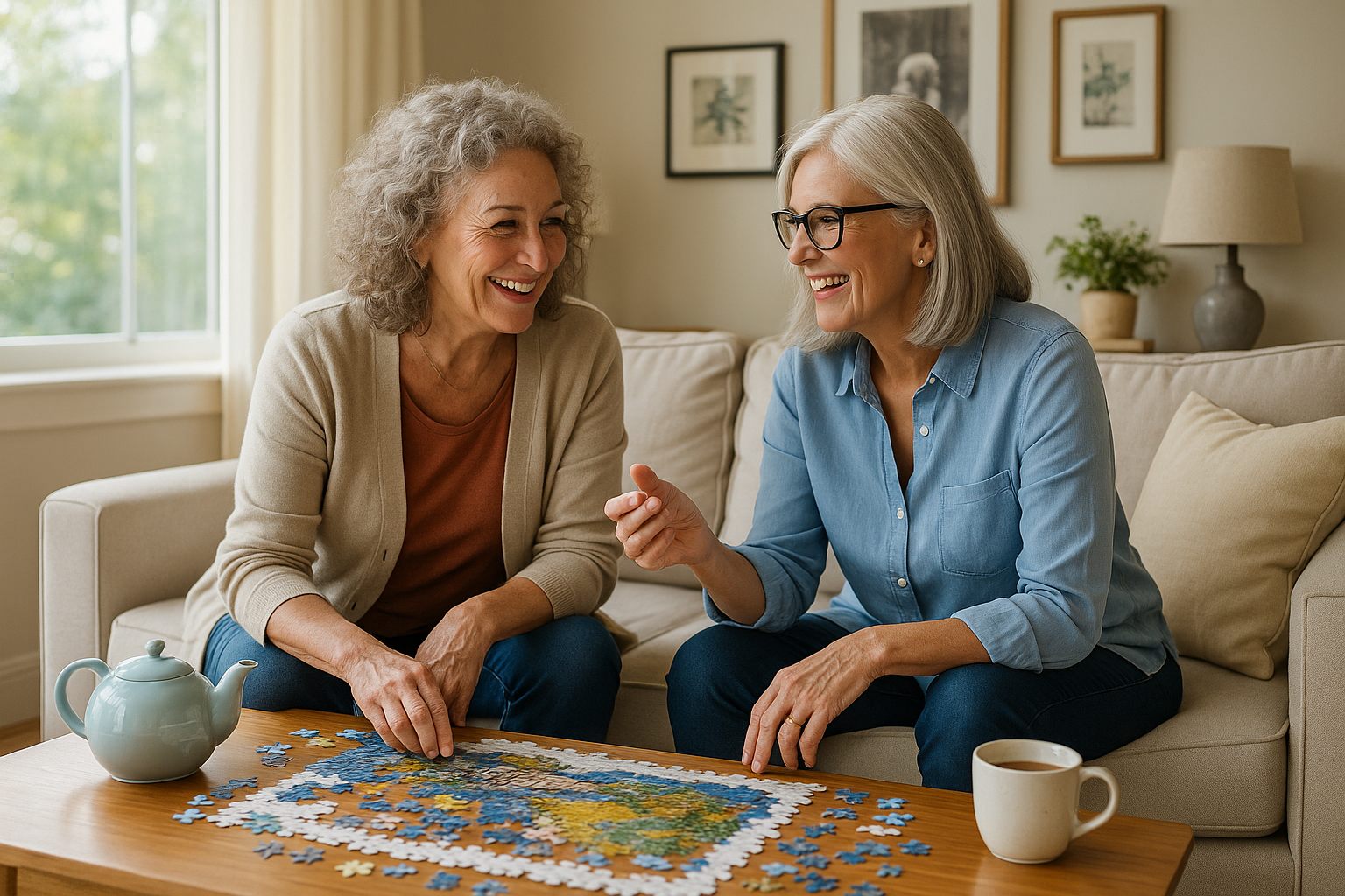 Hobbies for seniors include puzzle building, as shown by two senior women enjoying a cozy afternoon with tea and a partially finished puzzle in a sunlit living room.