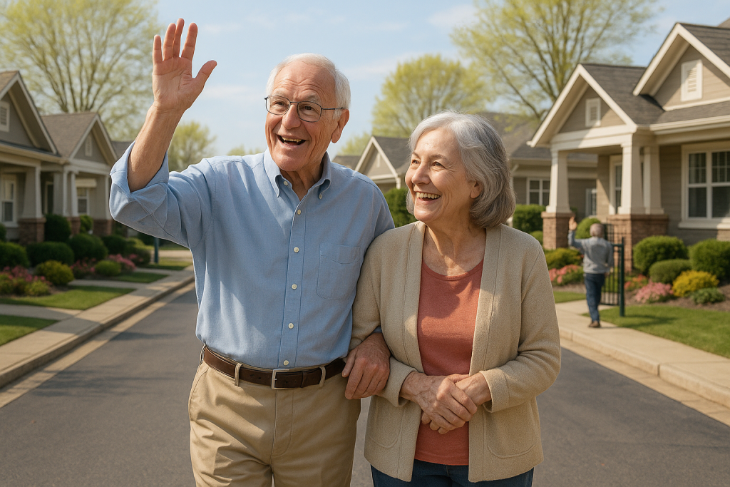 Continuing care retirement community residents enjoy a sunny stroll as an elderly couple walks arm in arm past bungalow-style homes, waving to a neighbor in the distance.