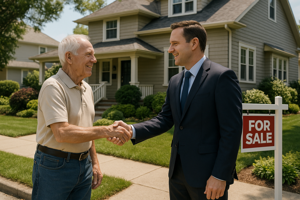 Downsizing for seniors shown through a handshake between an elderly man and a real estate agent outside a well-maintained home with a “For Sale” sign on the lawn.