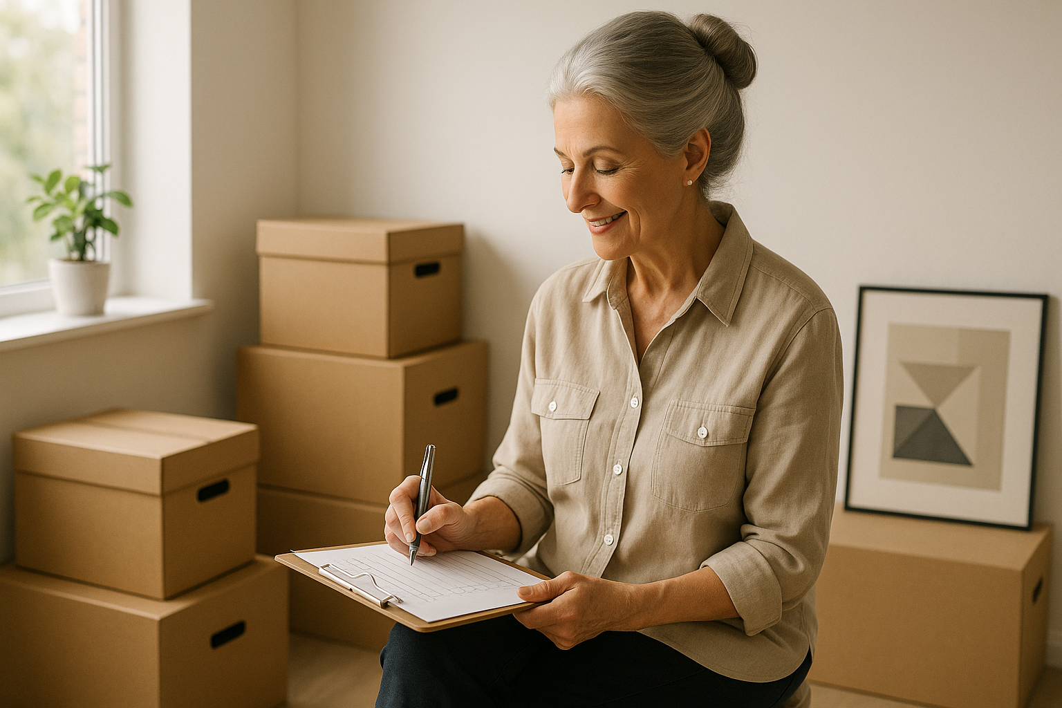 Downsizing tips for seniors illustrated by an elderly woman sitting in a sparsely filled room, happily checking off her list while surrounded by banker-style boxes.