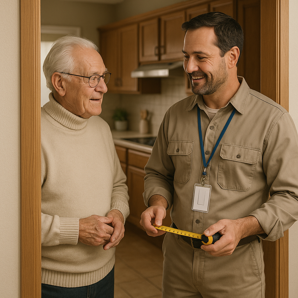 Home modifications for seniors illustrated by a contractor measuring a kitchen doorway while discussing renovation plans with an elderly homeowner in a cozy home setting.