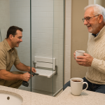Bathroom renovations for seniors shown as a contractor installs a fold-down shower seat while chatting with the elderly homeowner in a spacious, modern bathroom.