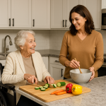 Aging in place remodeling shown as an elderly woman in a wheelchair prepares vegetables at a lowered kitchen counter beside a younger woman stirring a bowl.