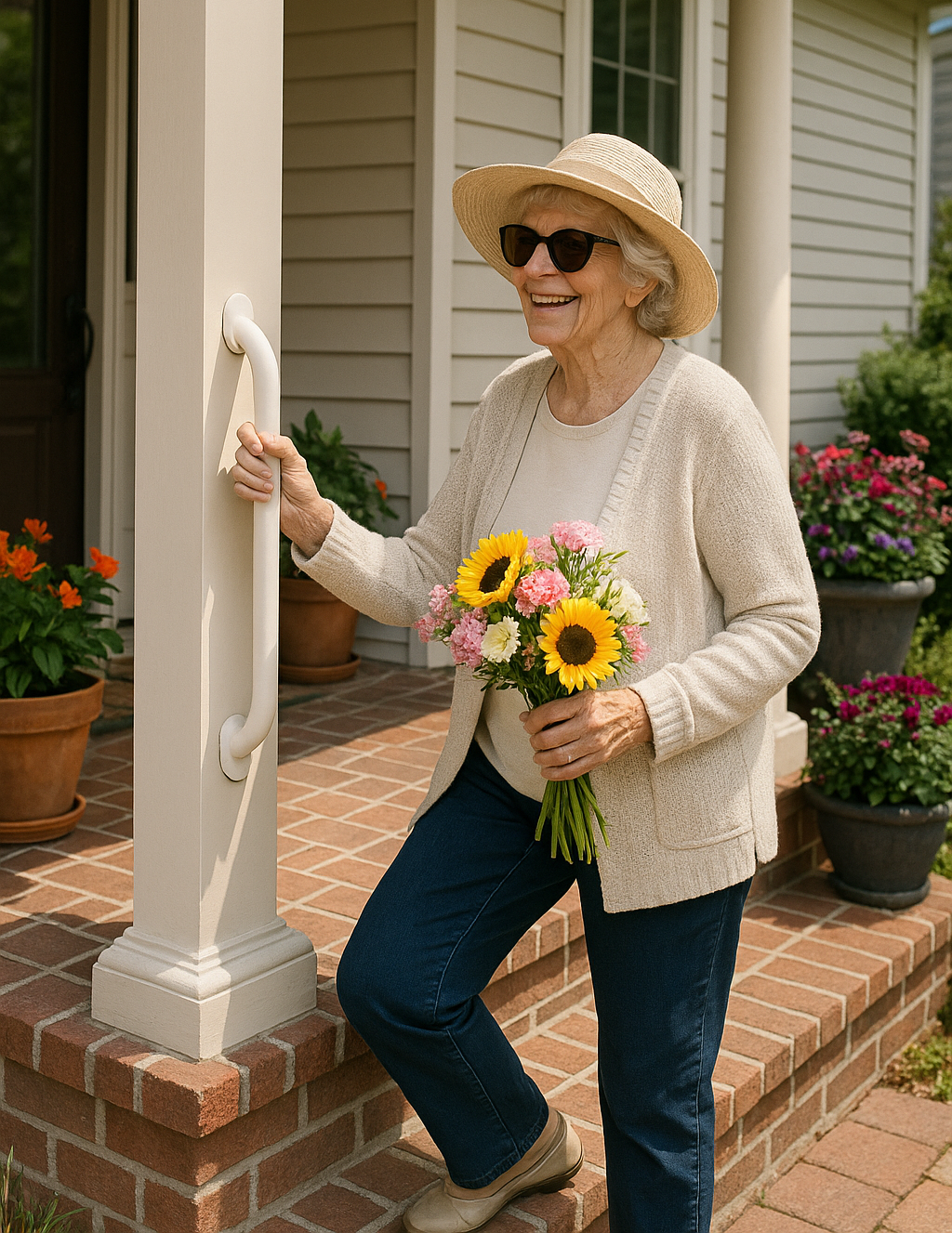 Grab bars for seniors shown on a front porch column as an elderly woman steadies herself while climbing steps, holding flowers on a sunny day.