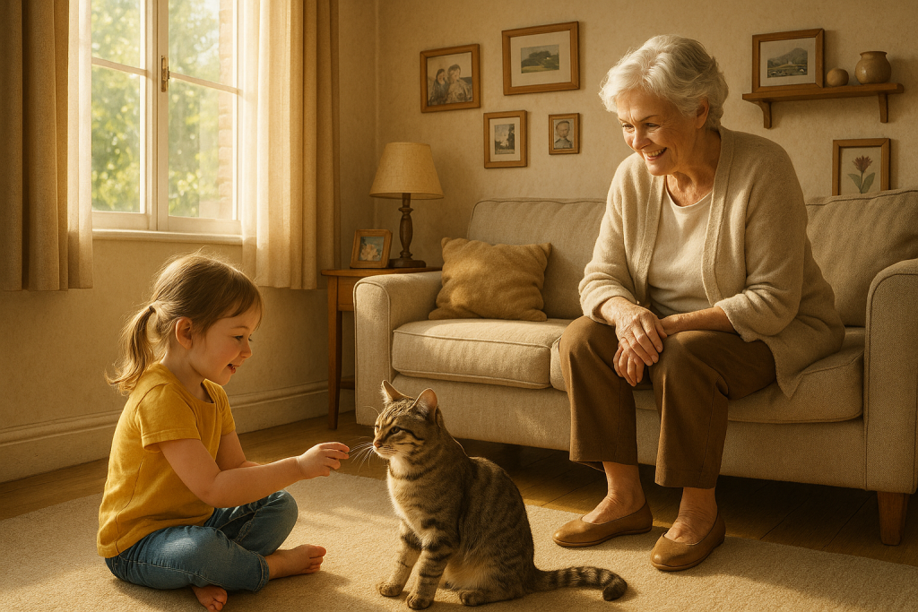 Childproofing a house with a senior woman watching her grandchild play with a cat in a cozy, sunlit living room filled with family photos and memories.