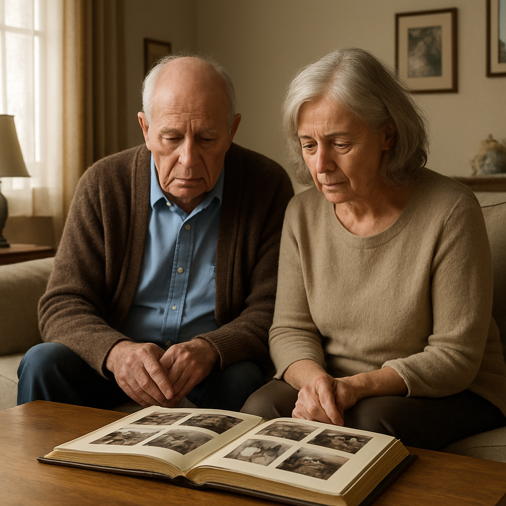 Estranged adult child heartbreak shown through an elderly couple looking at a photo album in a quiet living room.