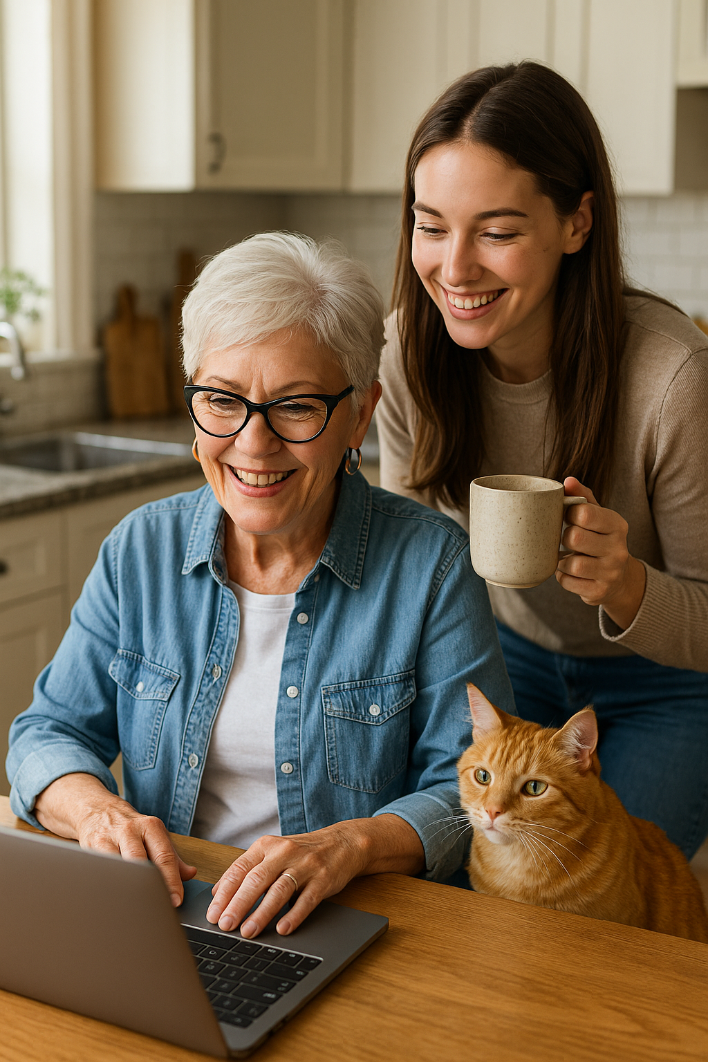 Seniors and technology – smiling grandmother learning computer skills from her granddaughter in a warm kitchen with an orange tabby cat watching.