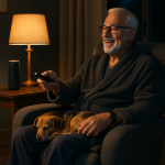 Smart aging at home shown as an elderly man relaxes in a modern living room, pointing a remote with a smartwatch on his wrist and a voice assistant nearby.