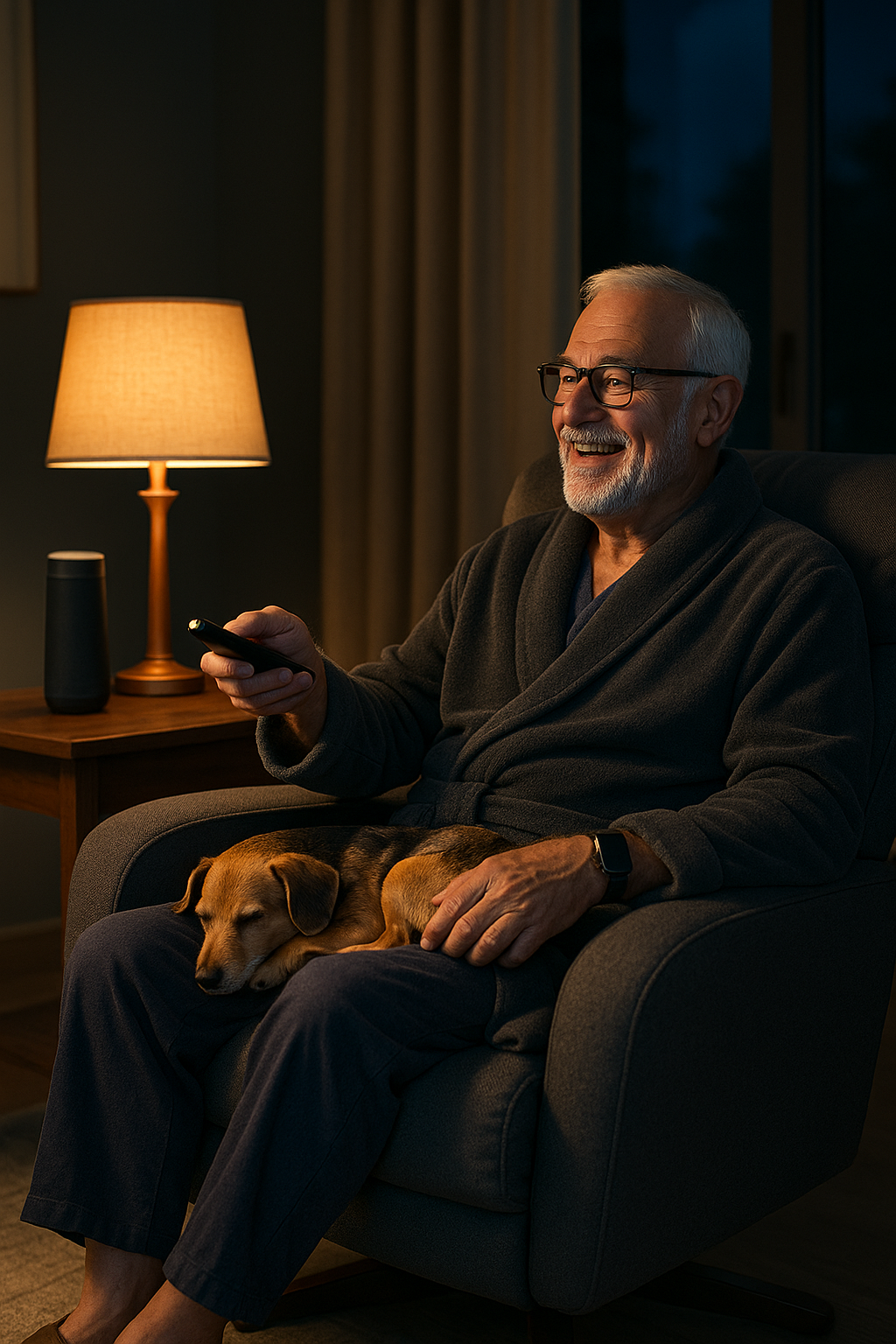 Smart aging at home shown as an elderly man relaxes in a modern living room, pointing a remote with a smartwatch on his wrist and a voice assistant nearby.